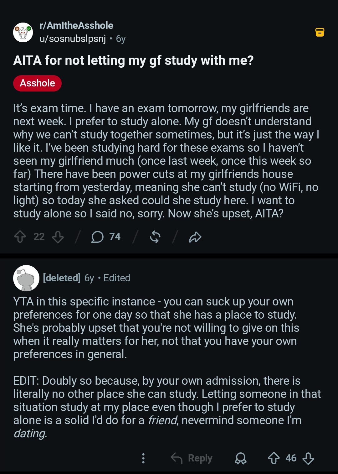 The original r/AmItheAsshole post: AITA for not letting my gf study with me?